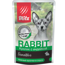 BLITZ Кролик с индейкой, кусочки в соусе, корм консерв.полнорац.для стерилиз. кошек и кастриров. котов 85 гр