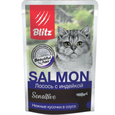 BLITZ Лосось с индейкой, кусочки в соусе, корм консерв. полнорац. для кошек 85гр
